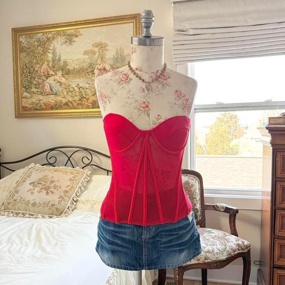 red corset bustier top  red strapless corset top my boo size small structured